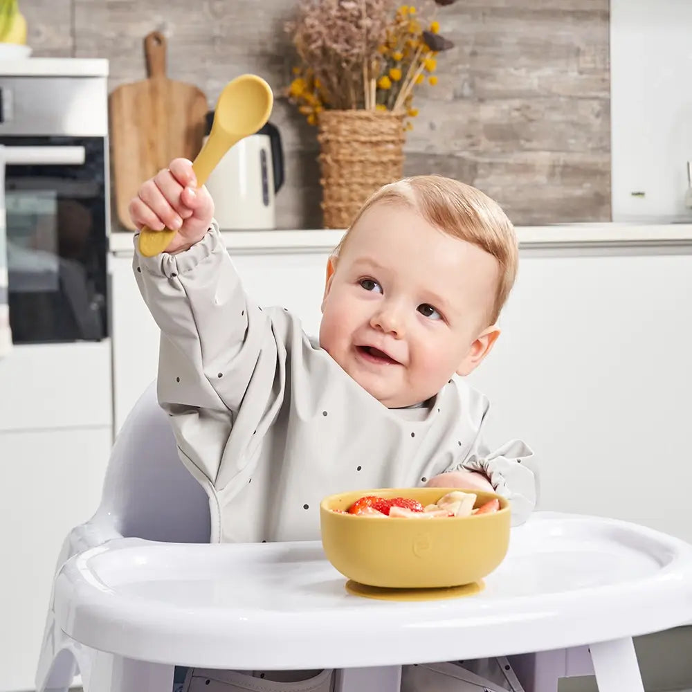 Light Grey Polka Dot Feeding Bib with Long Sleeves