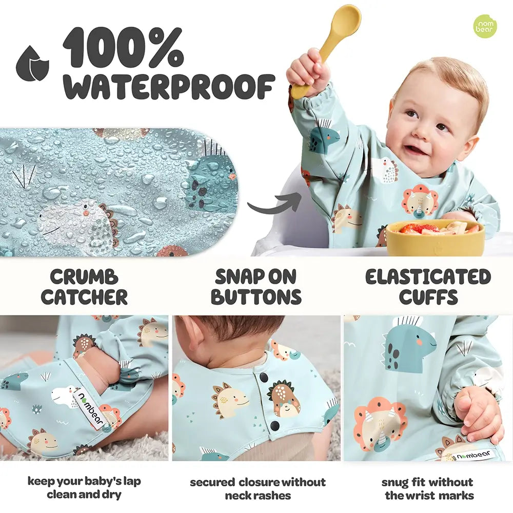 100% Waterproof Baby Bib with Crumb Catcher, Snap on Buttons and Elasticated Cuffs - Dinosaurs Design