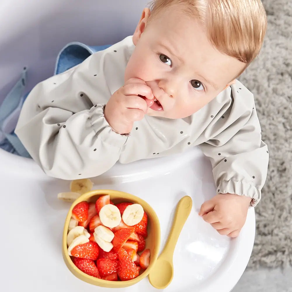 Light Grey Polka Dot Feeding Bib with Long Sleeves