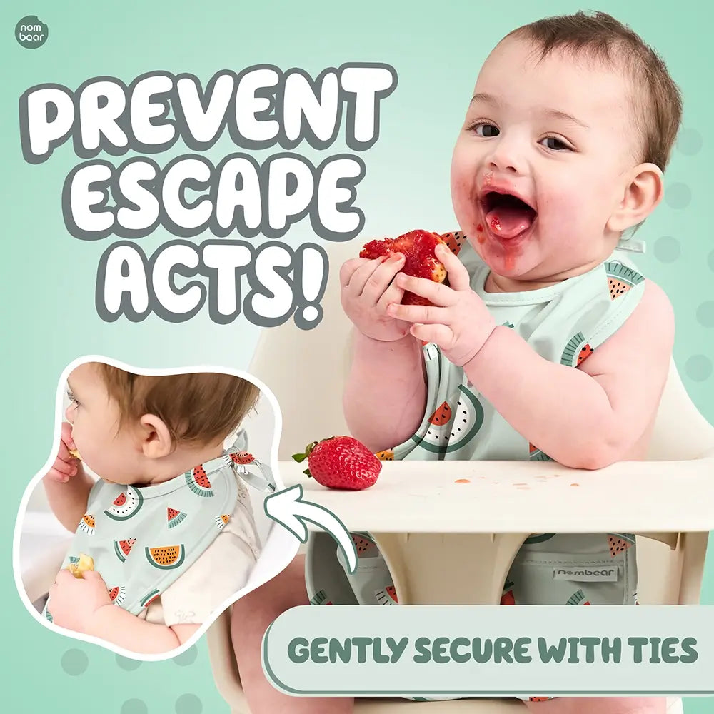 Baby Eating Messily, Wearing a Watermelon Green Baby Bib. Prevent Escape Acts! Gently Secure with Ties.