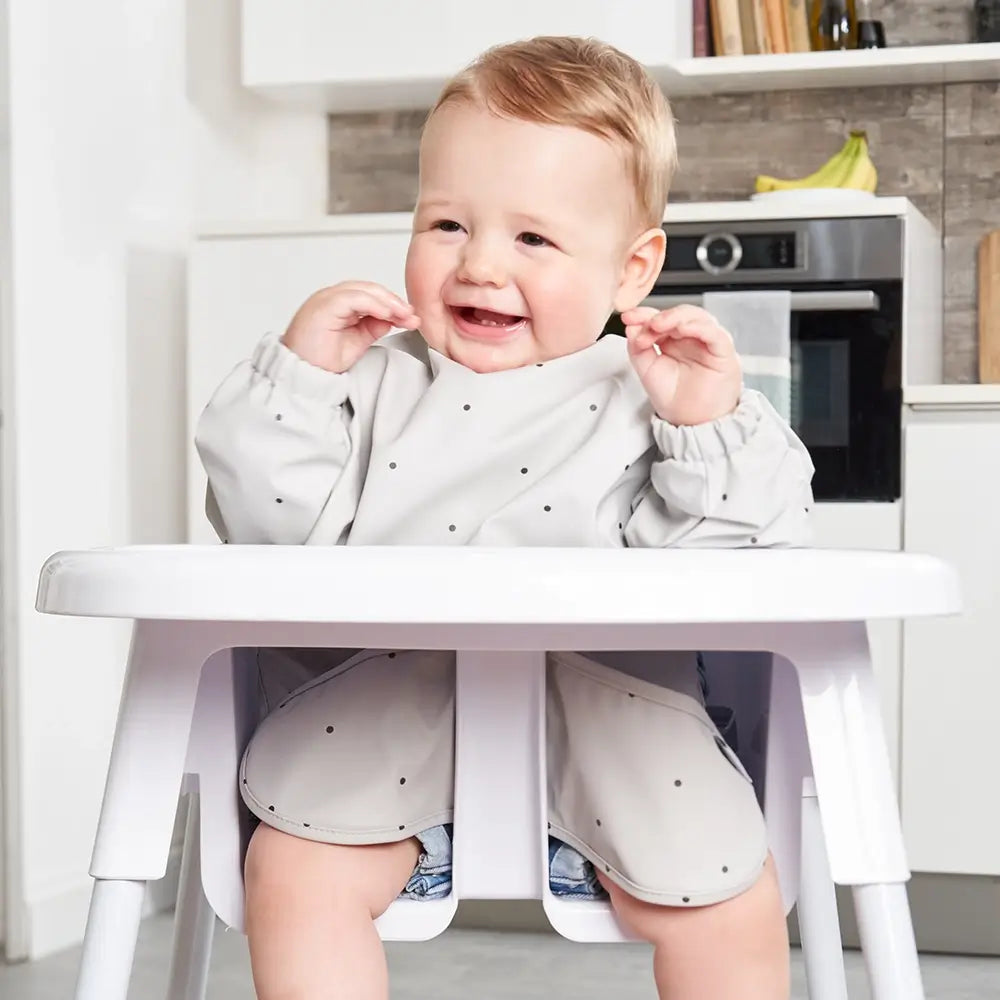 Light Grey Polka Dot Feeding Bib with Long Sleeves