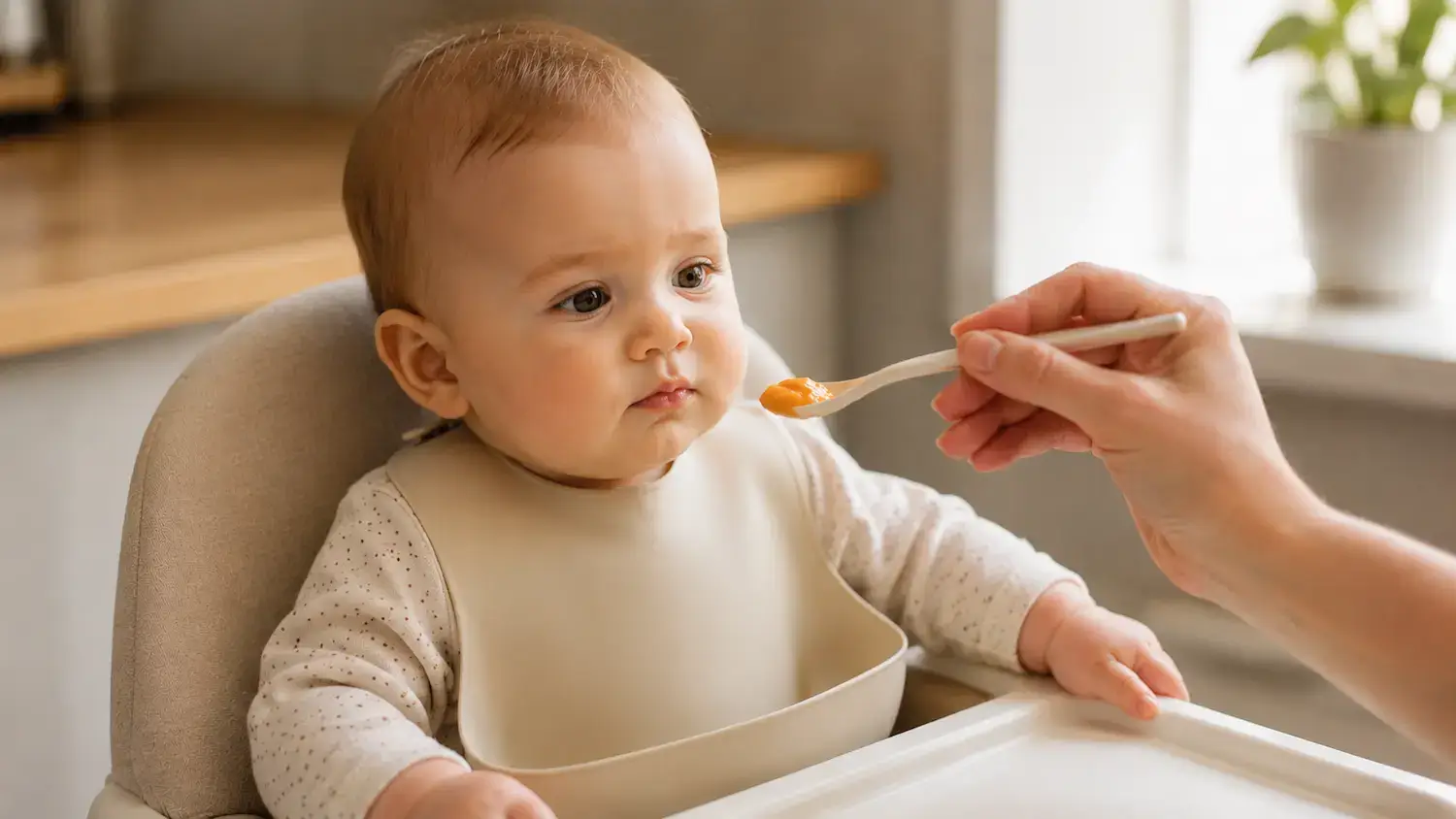 Baby sitzt im Hochstuhl und bekommt zum ersten Mal einen Löffel Karottenbrei angeboten