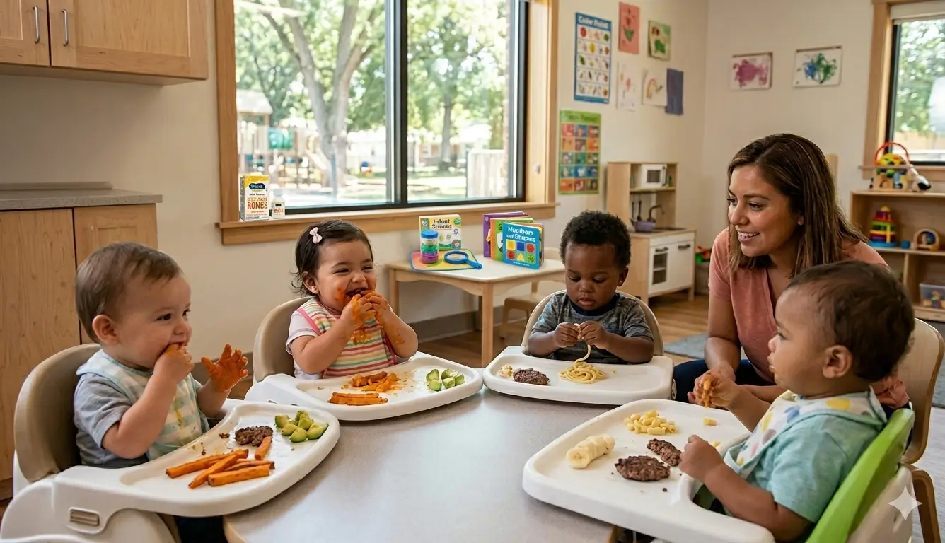 Baby in a daycare high chair exploring soft finger foods