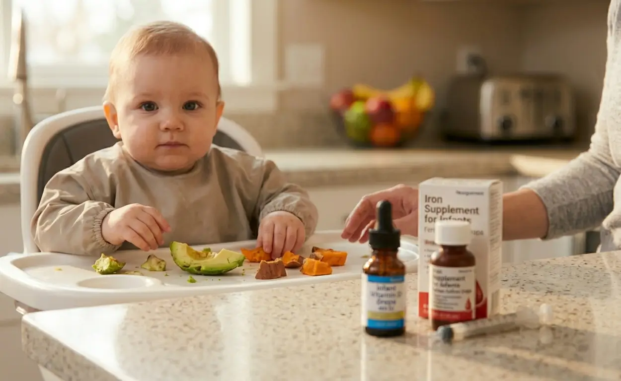 Vitamin D and iron drops next to baby solid foods