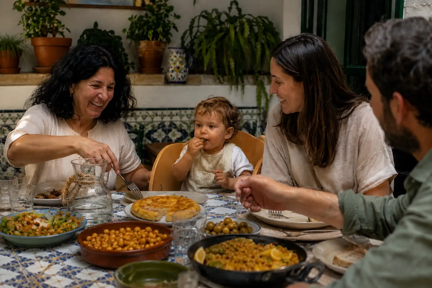 Familia española reunida a la mesa disfrutando de una comida con su bebé