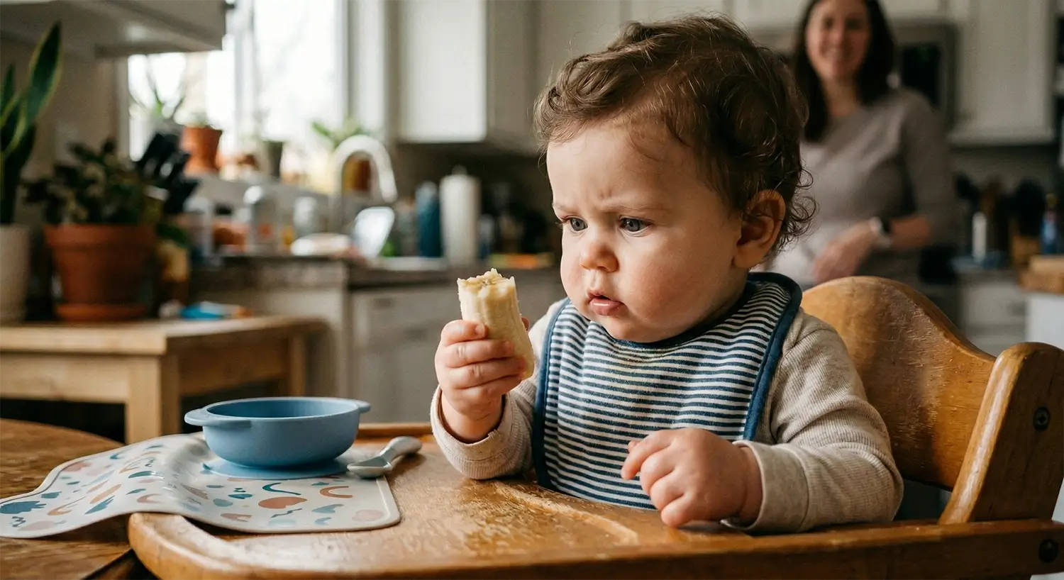 Bébé qui regarde un morceau de banane avec hésitation dans sa chaise haute