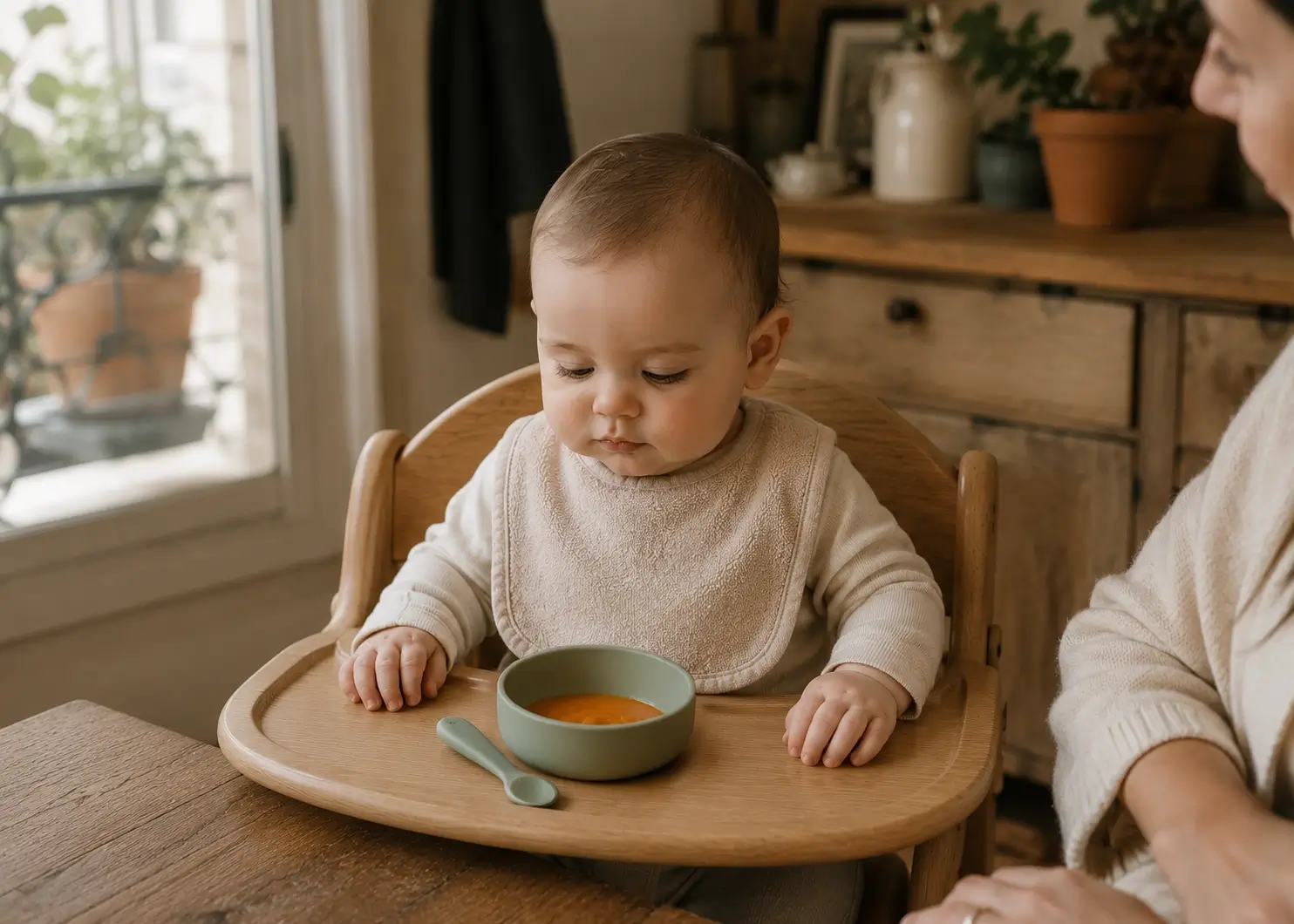 Bébé en bavoir assis dans sa chaise haute en bois, regardant un petit bol de purée de carotte, parent à ses côtés à table