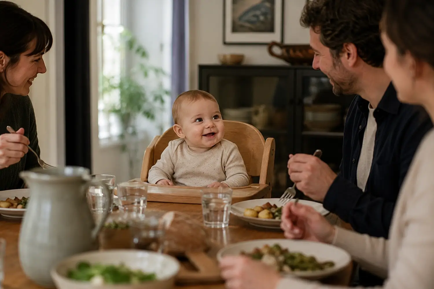 Bébé souriant dans sa chaise haute en bois, installé à table avec sa famille pendant un repas