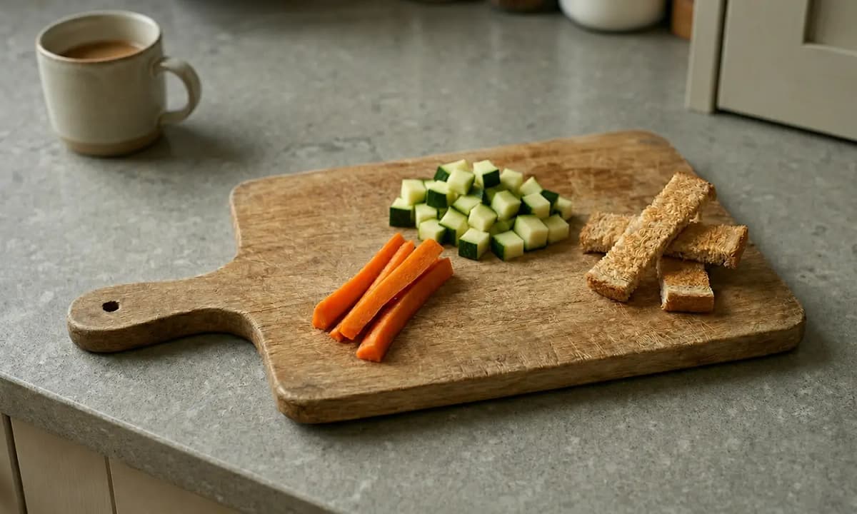 Bâtonnets de carotte, courgette et mouillettes de pain complet sur une planche en bois, idées de premiers aliments pour la diversification