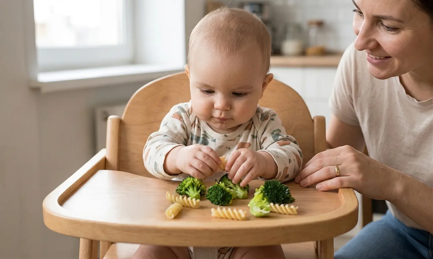 Bambino che esplora broccoli e pasta durante un pasto di svezzamento insieme alla mamma
