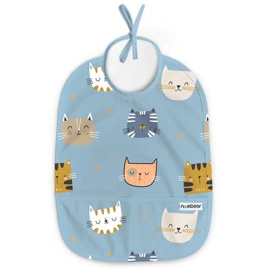 Sleeveless Baby Bib in Light Blue, Kitty Cats Design.