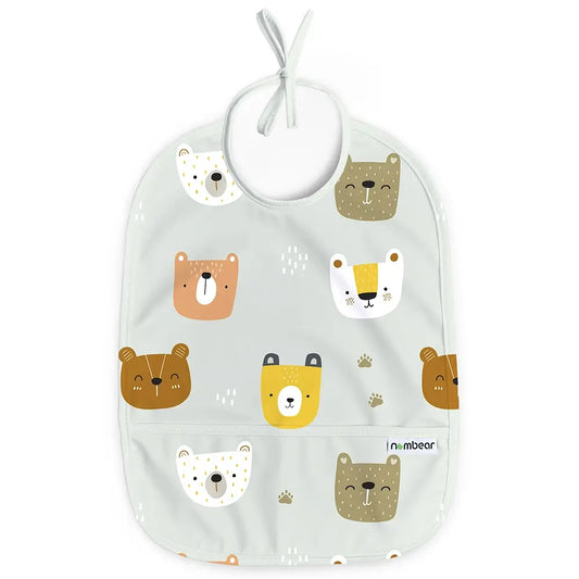 Sleeveless Baby Bib in Light Grey, Teddy Bears' Picnic Design.
