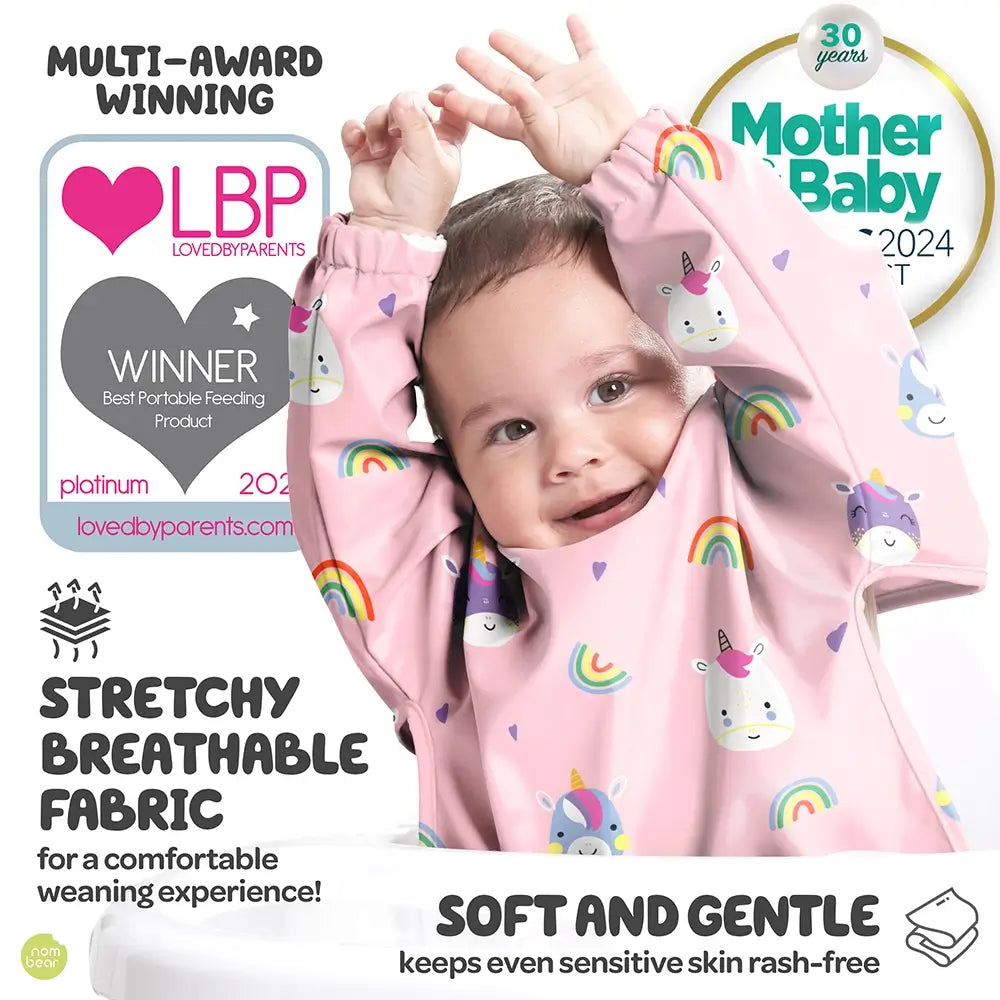 Baby Wearing a Pink Unicorn-Patterned Bib Which is a LovedByParents and Mother & Baby Award Winner