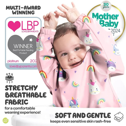 Baby Wearing a Pink Unicorn-Patterned Bib Which is a LovedByParents and Mother & Baby Award Winner
