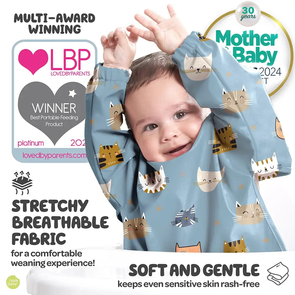 Baby Weaning Bib LovedByParents and Mother & Baby Award Winner, Blue Cats Design