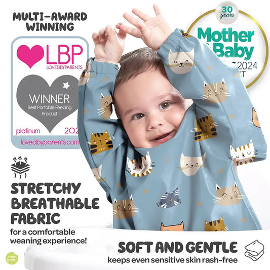 Baby Weaning Bib LovedByParents and Mother & Baby Award Winner, Blue Cats Design