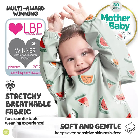 Baby Wearing a Watermelon-Patterned Bib Which is a LovedByParents and Mother & Baby Award Winner