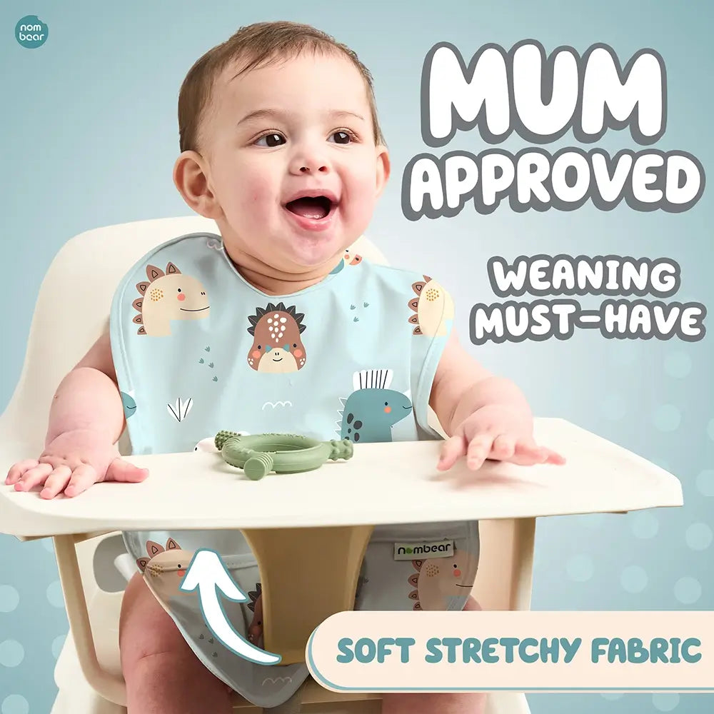 Dino Bib for Babies. Mum Approved. Weaning Must-Have. Soft Stretchy Fabric.