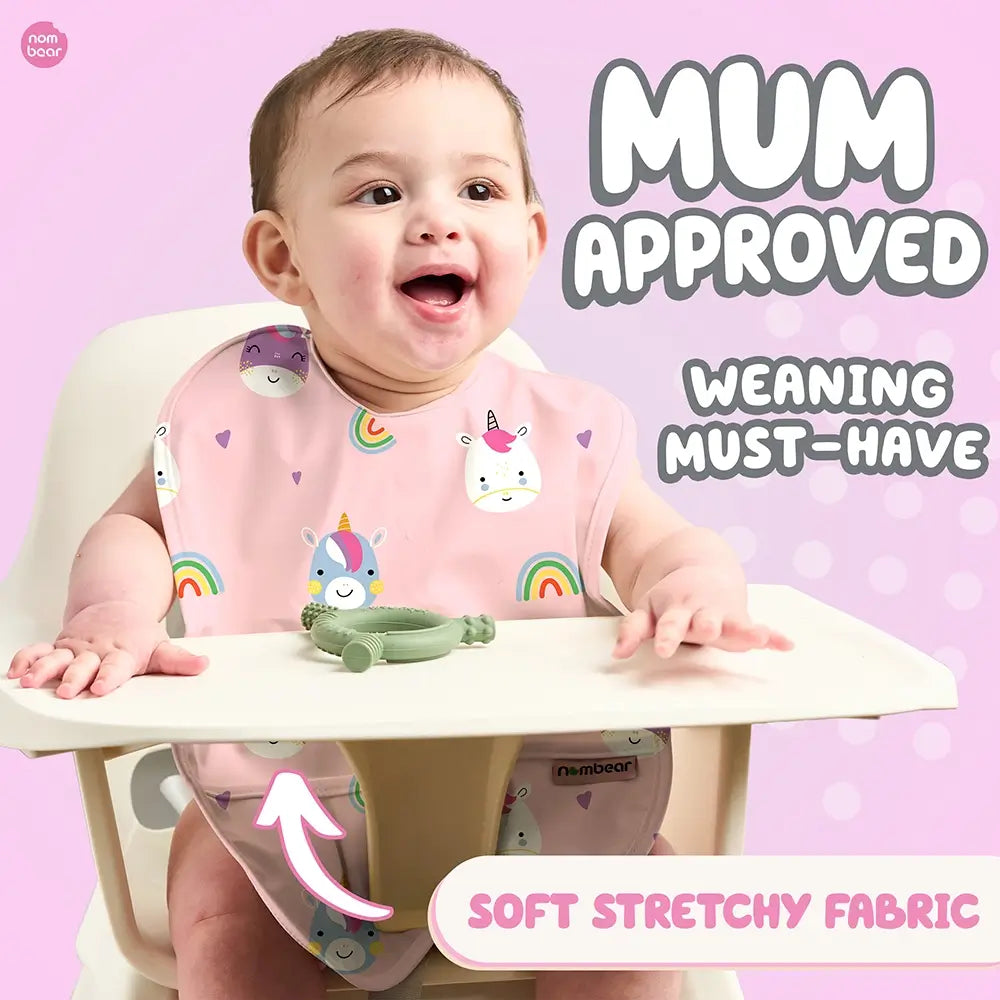 Unicorn Pink Bib for Babies. Mum Approved. Weaning Must-Have. Soft Stretchy Fabric.