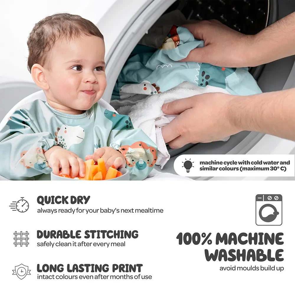 Baby Bib, 100% Machine Washable, Quick Dry, Durable Stitching, Long Lasting Print - Dinos Design