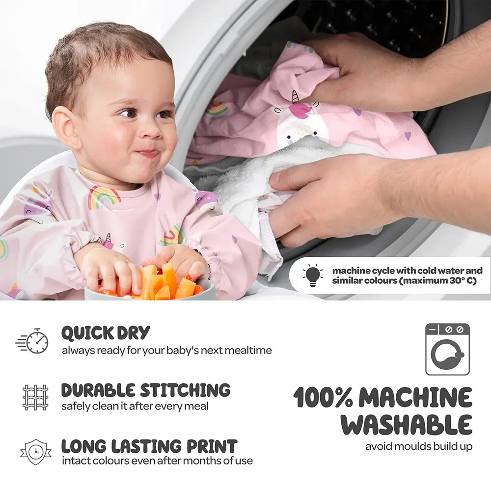 Baby Bib, 100% Machine Washable, Quick Dry, Durable Stitching, Long Lasting Print - Unicorns Design