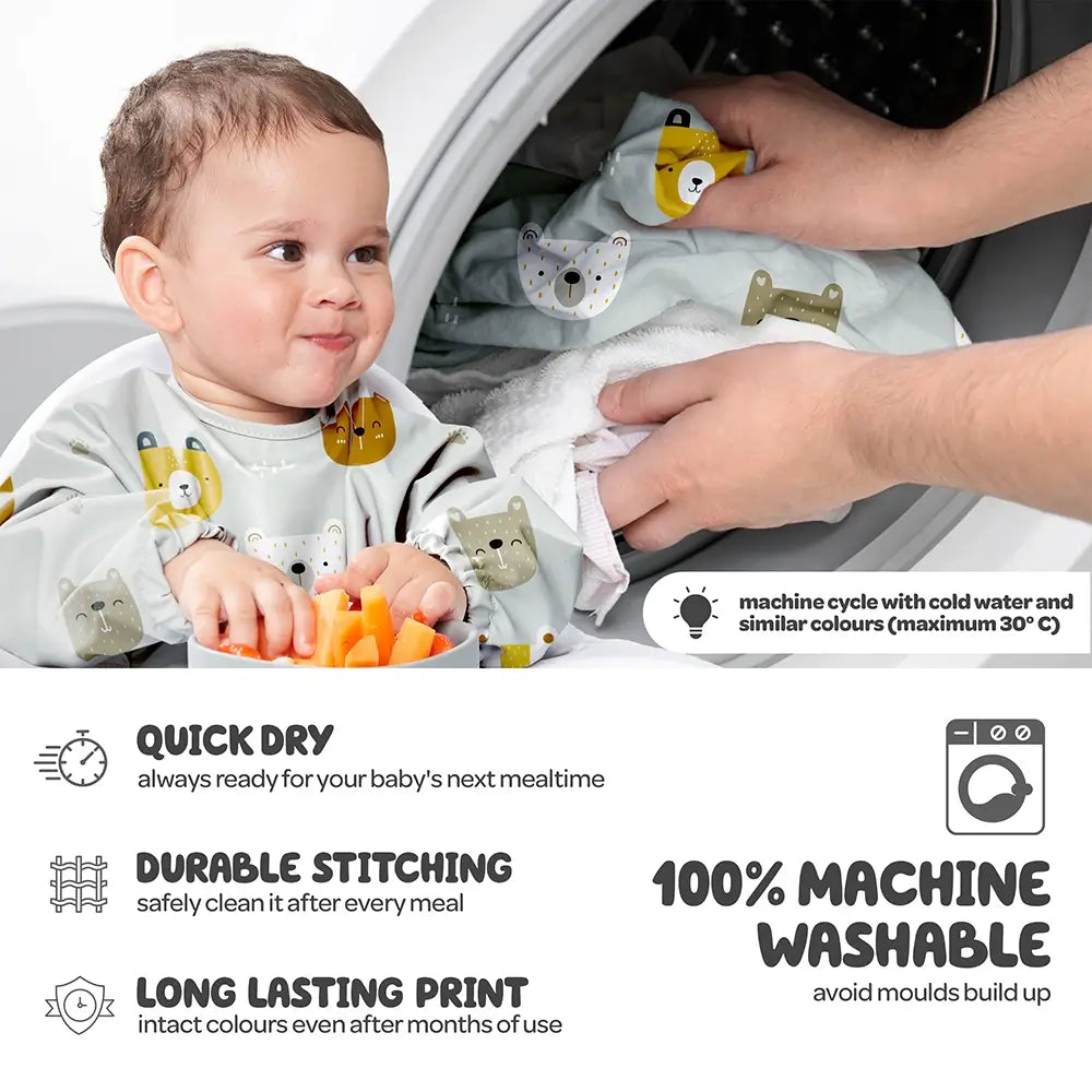 Baby Bib, 100% Machine Washable, Quick Dry, Durable Stitching, Long Lasting Print - Grey Bear Design