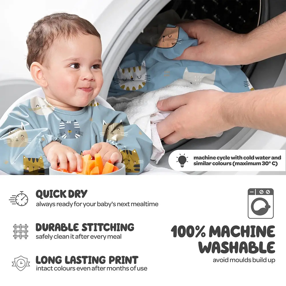 Baby Bib, 100% Machine Washable, Quick Dry, Durable Stitching, Long Lasting Print - Cats Meow Design