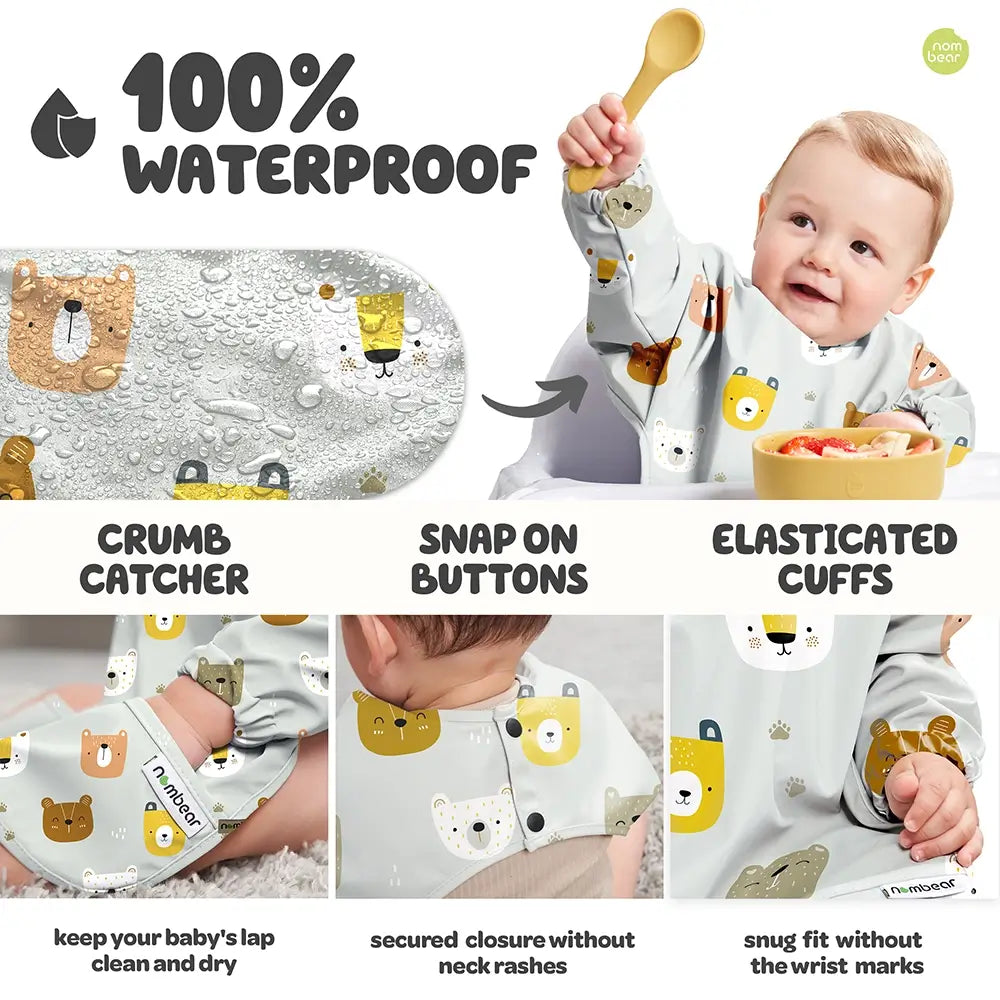 100% Waterproof Baby Bib with Crumb Catcher, Snap on Buttons and Elasticated Cuffs - Bears Design