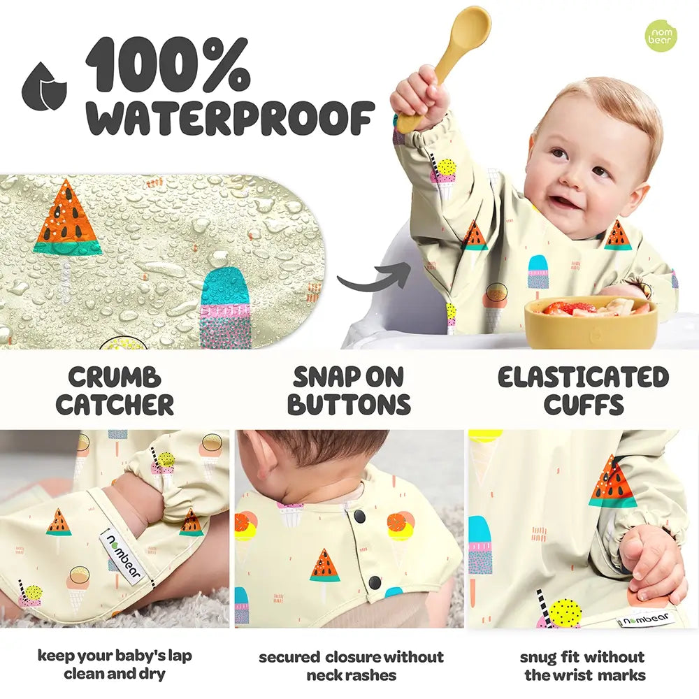 100% Waterproof Baby Bib with Crumb Catcher, Snap on Buttons and Elasticated Cuffs - Ice Cream Design