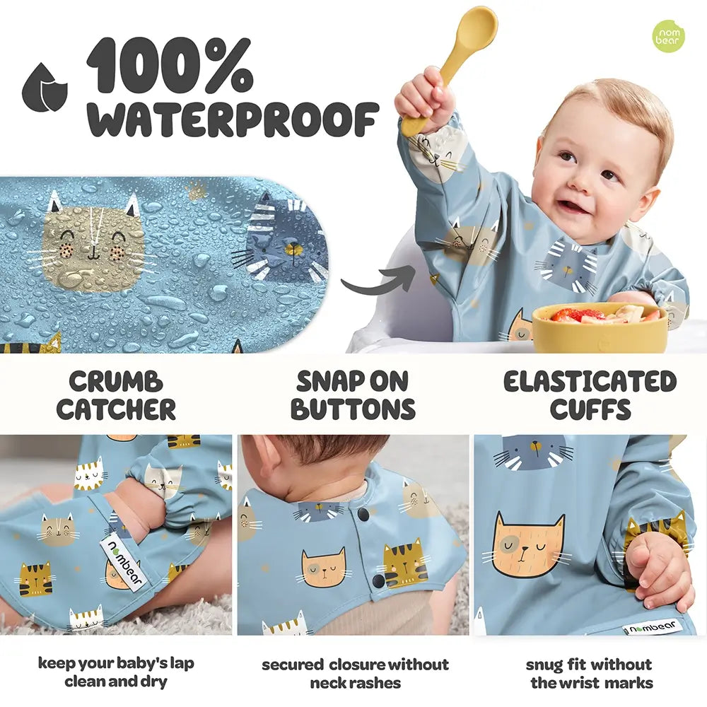 100% Waterproof Baby Bib with Crumb Catcher, Snap on Buttons and Elasticated Cuffs - Kitty Cat Design