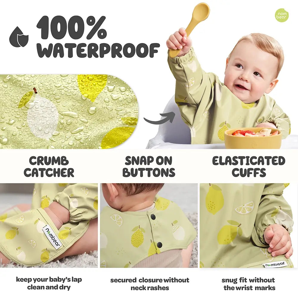 100% Waterproof Baby Bib with Crumb Catcher, Snap on Buttons and Elasticated Cuffs - Lime Design