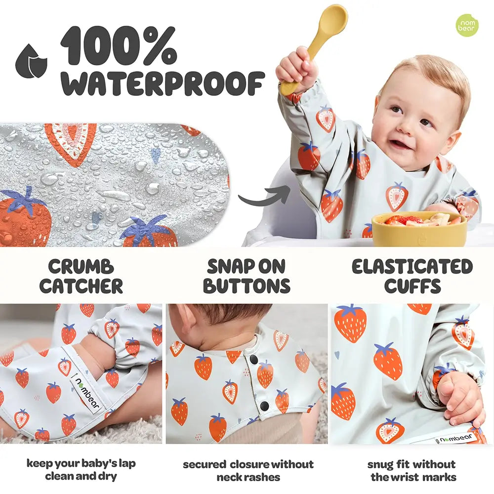 100% Waterproof Baby Bib with Crumb Catcher, Snap on Buttons and Elasticated Cuffs - Strawberries Design