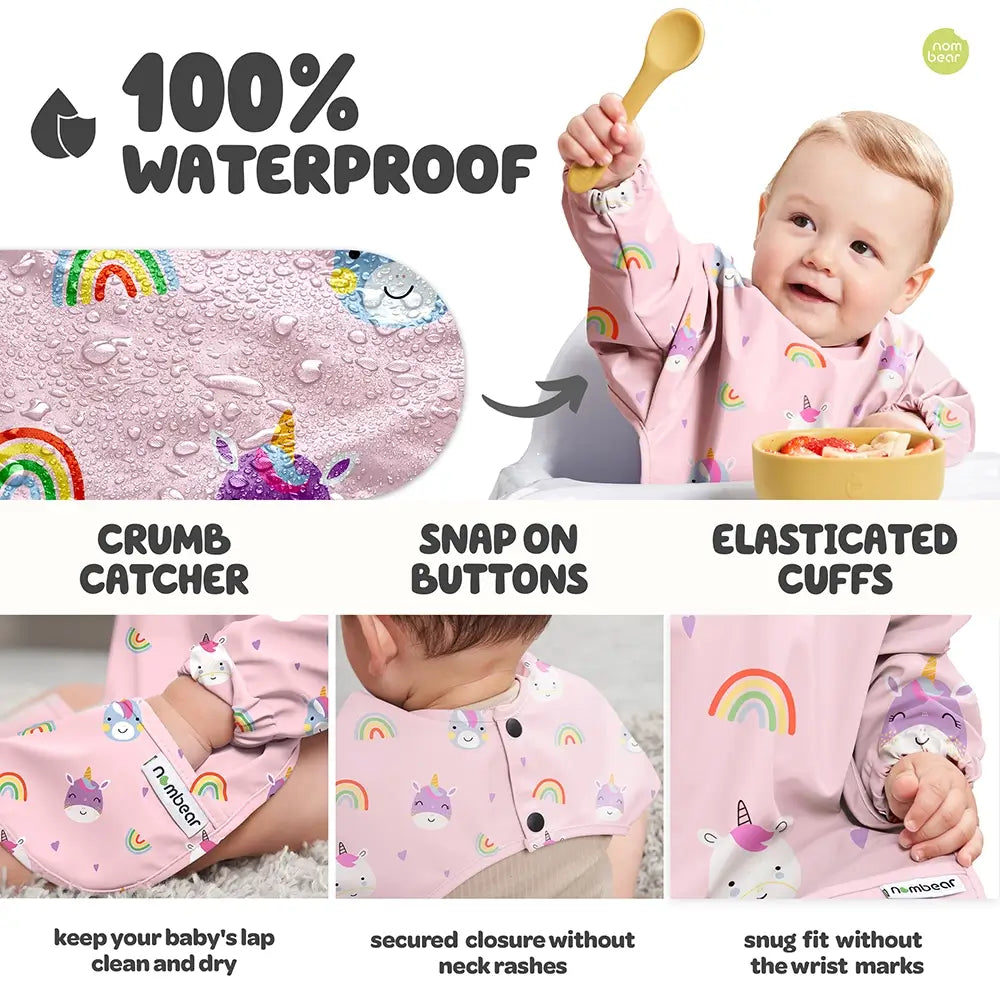 100% Waterproof Baby Bib with Crumb Catcher, Snap on Buttons and Elasticated Cuffs - Unicorn Design