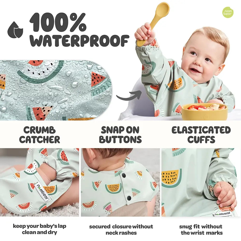 100% Waterproof Baby Bib with Crumb Catcher, Snap on Buttons and Elasticated Cuffs - Melon Design