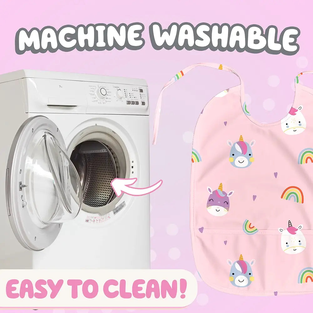 Rainbow and Unicorn Design Baby Bib. Machine Washable, Easy to Clean.