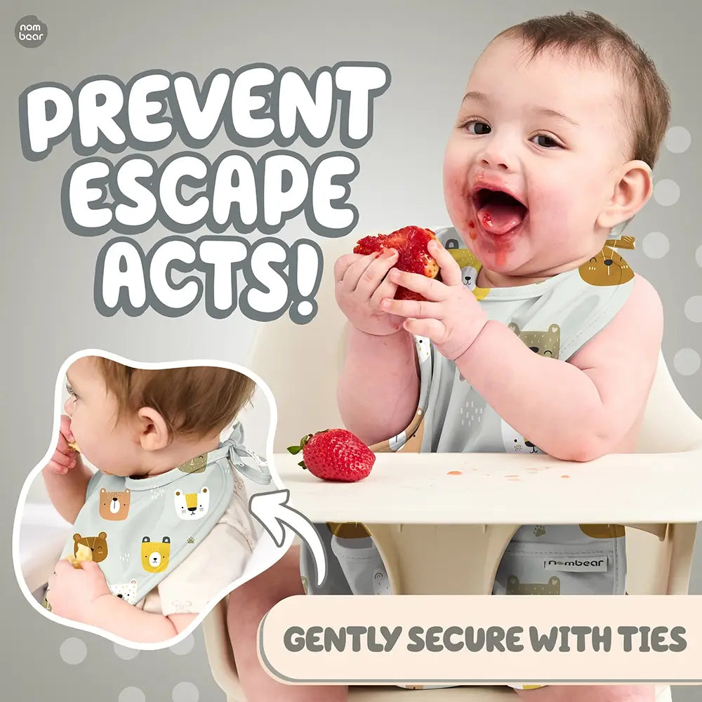 Baby Messily Eating, Wearing a Bear Print Baby Bib. Prevent Escape Acts! Gently Secure with Ties.