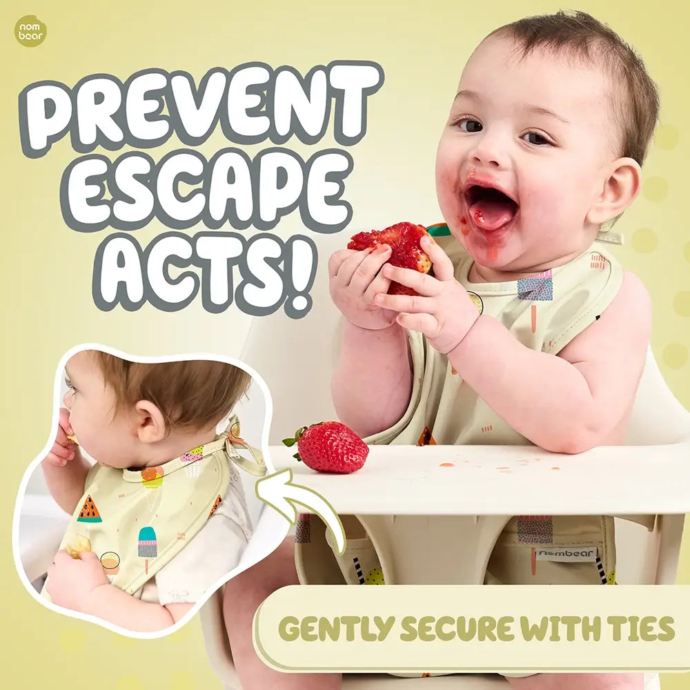 Baby Eating Messily, Wearing an Ice Cream Print Baby Bib. Prevent Escape Acts! Gently Secure with Ties.