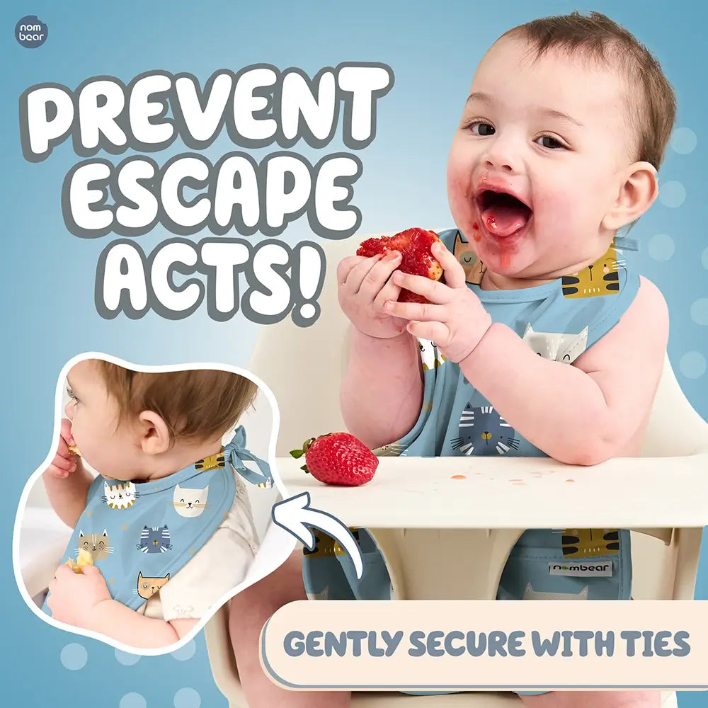 Baby Messily Eating, Wearing a Cat Print Baby Bib. Prevent Escape Acts! Gently Secure with Ties.