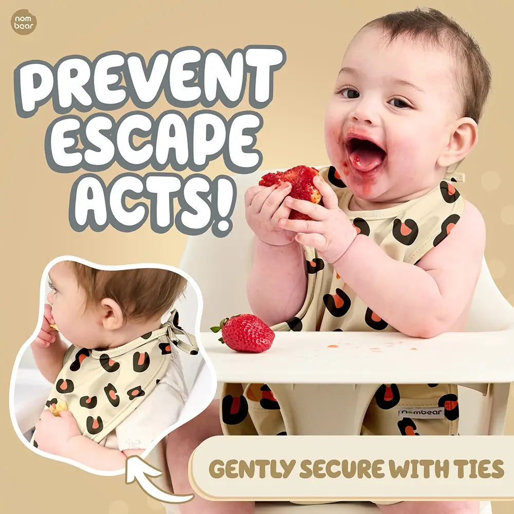 Baby Eating Messily, Wearing a Leopard Print Baby Bib. Prevent Escape Acts! Gently Secure with Ties.