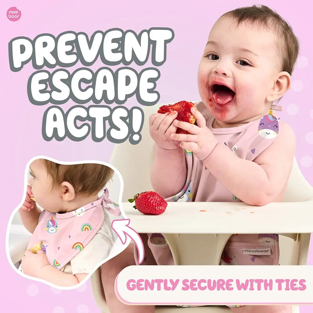 Baby Eating Messily, Wearing a Pink Unicorns Baby Bib. Prevent Escape Acts! Gently Secure with Ties.